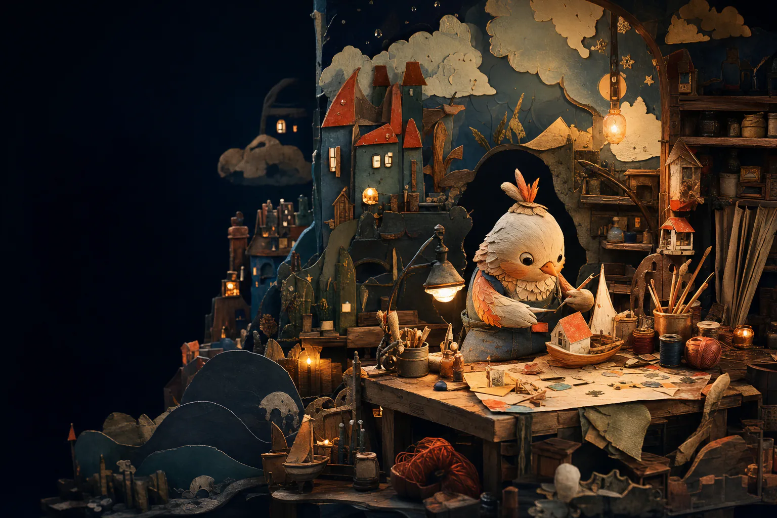 A hand-crafted clay bird in a miniature creative workshop with paper scenery and warm theatre lights